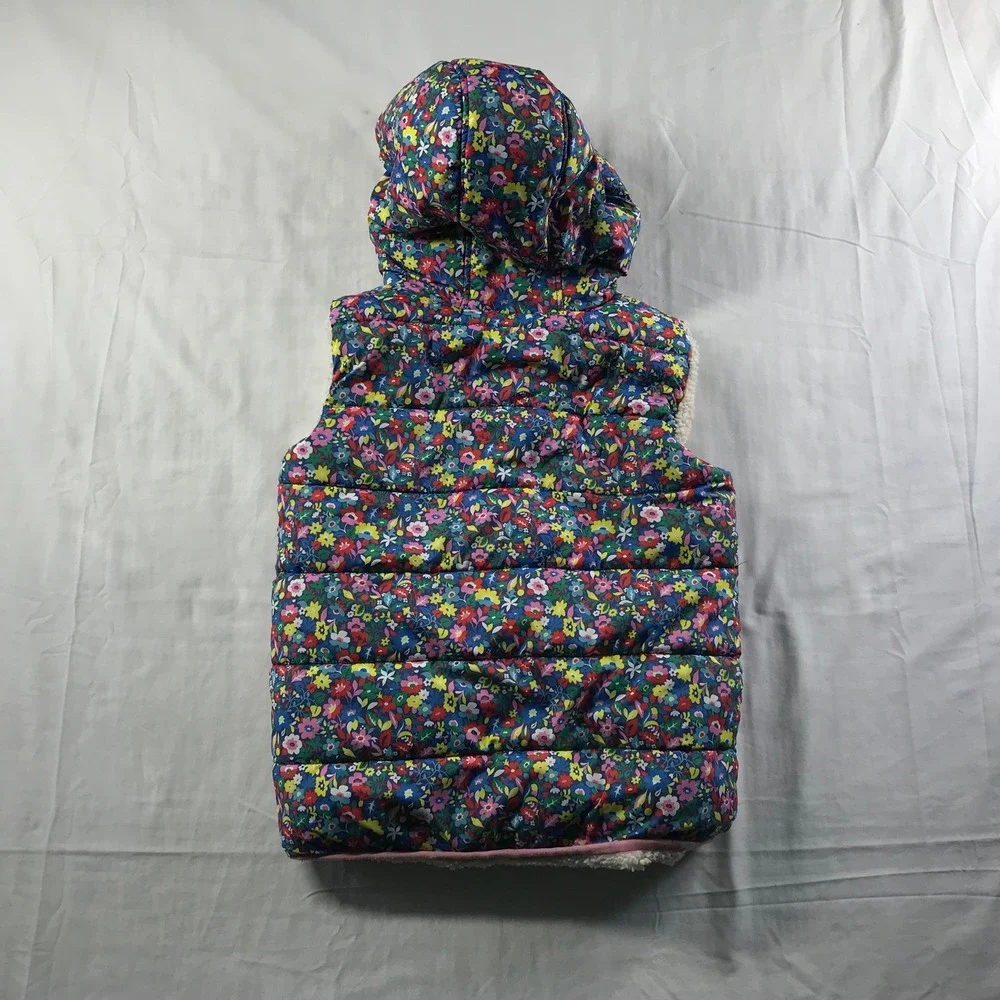 Boden Girls Floral Puffer Vest Sherpa Lined Hooded Navy Pink Multi Size 7-8Y
